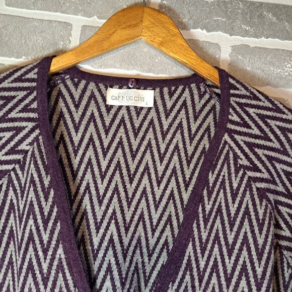 Vintage Wool Cashmere 90s Chevron Purple Gray Print Womens Cardigan Size Large - Picture 7 of 13